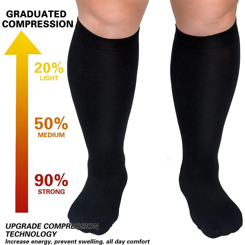 1Pair 20-30 MmHg Men and Women Plus Size 2XL-7XL Varicose Vein Support Socks Calf Compression Stockings for Sports Running Yoga