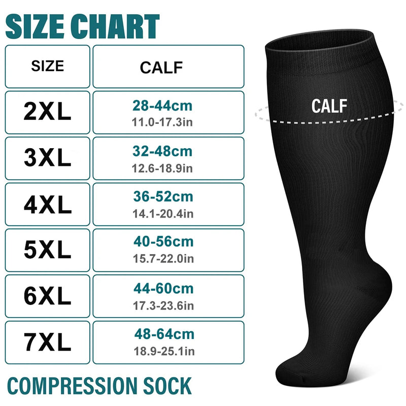 1Pair 20-30 MmHg Men and Women Plus Size 2XL-7XL Varicose Vein Support Socks Calf Compression Stockings for Sports Running Yoga