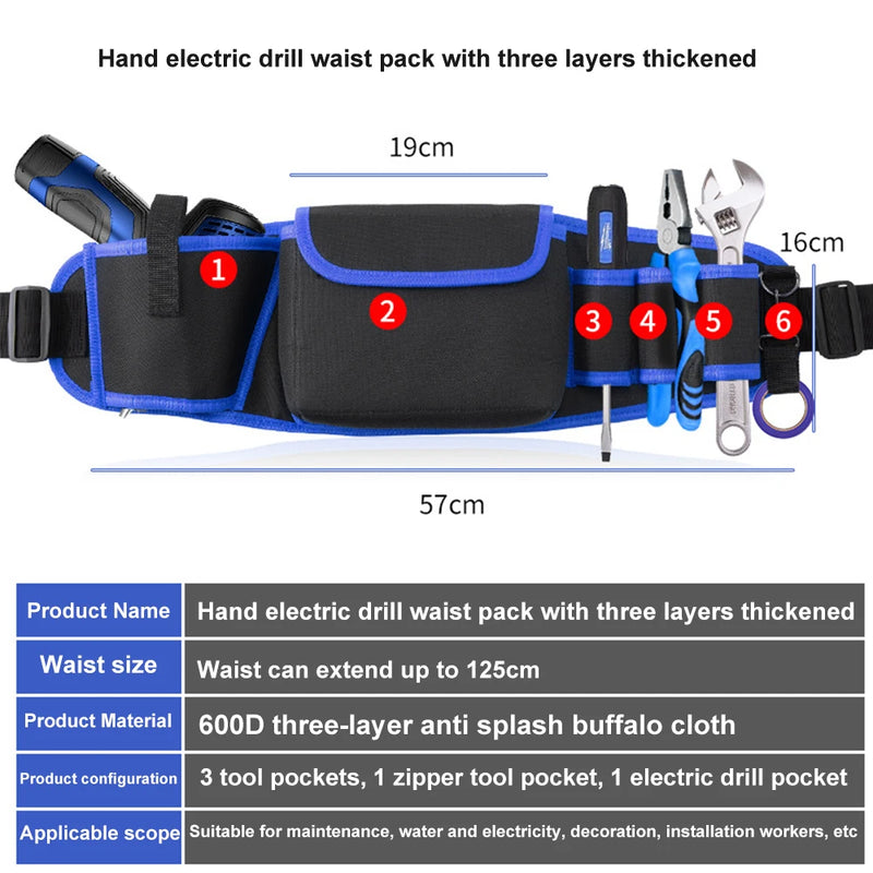 Multifuncional Oxford pano espessado ferramenta elétrica bolso, Ferramenta portátil de manutenção longa, Trabalho aéreo